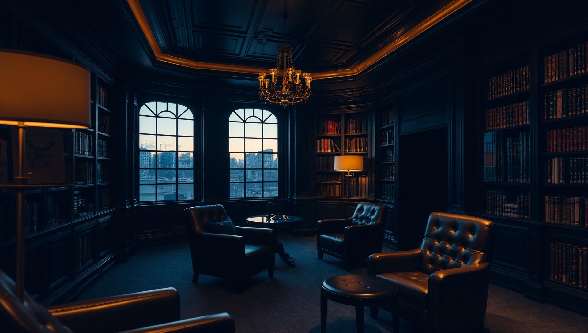 A quiet private library with warm lighting and tall shelves