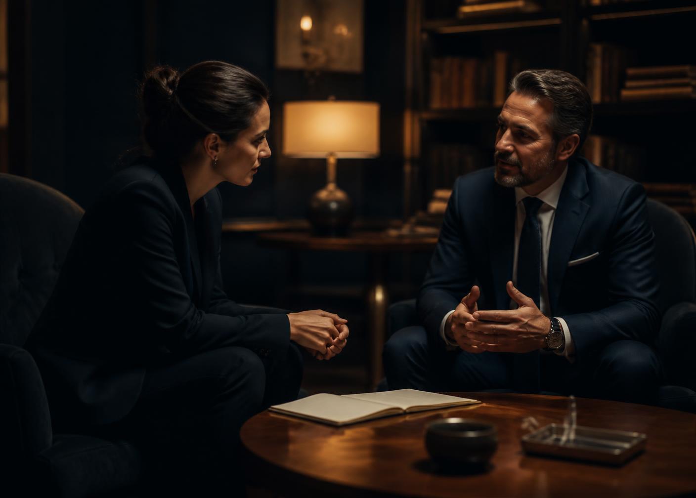 Two people in conversation in a calm private advisory lounge