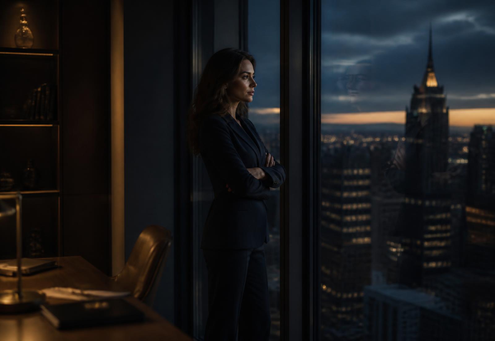 A member looking out over a city skyline at dusk from a private office